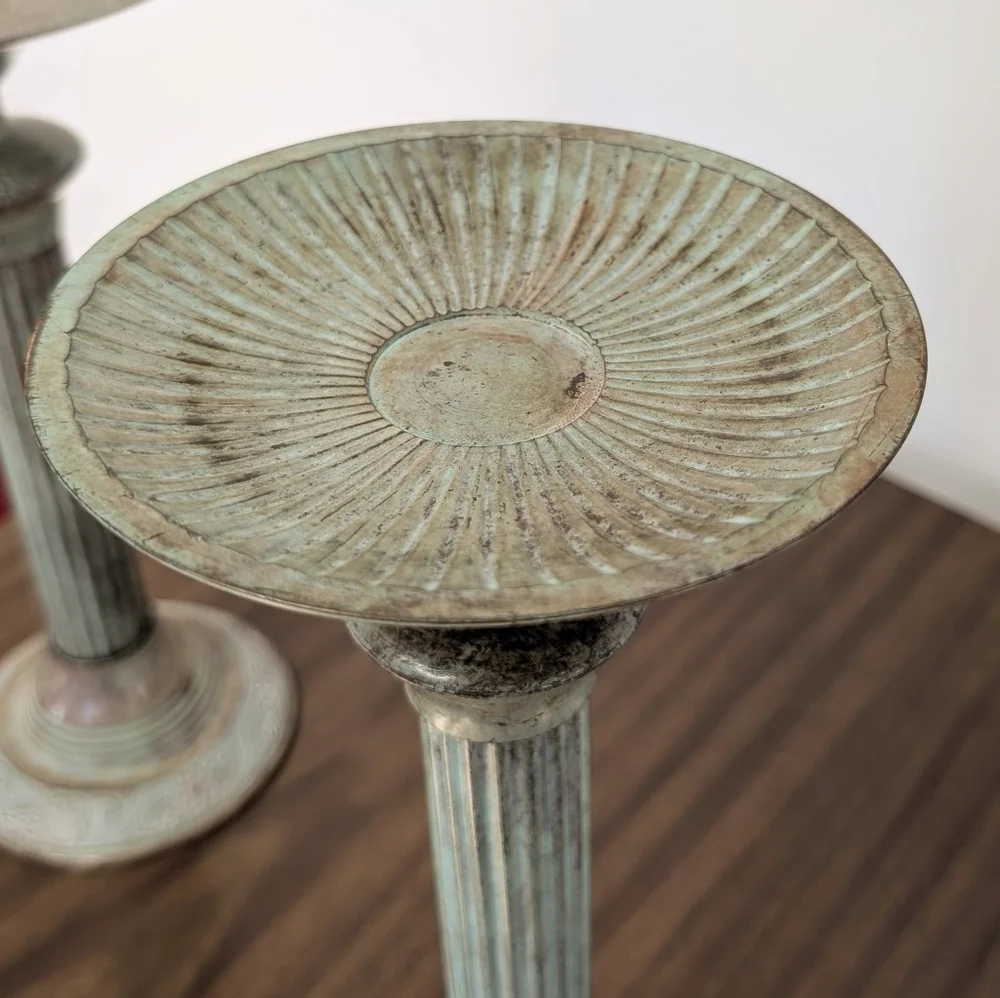 Vintage 1970s Greecian Roman Piller Style Metal Patina Tall Candle Holder Pair